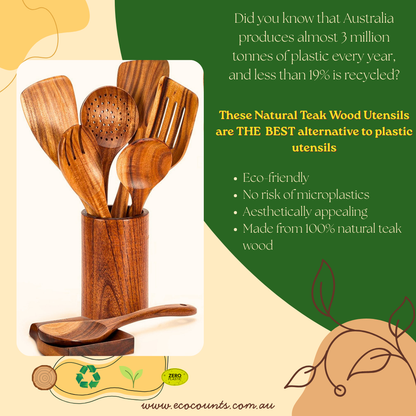 Natural Teak Wooden Utensils Set - 9 Pcs
