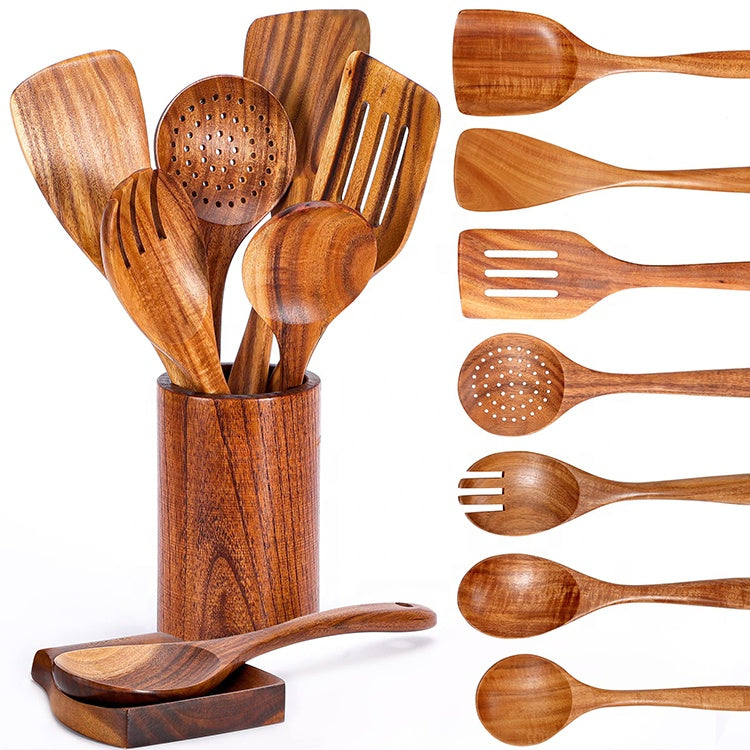 Natural Teak Wooden Utensils Set - 9 Pcs