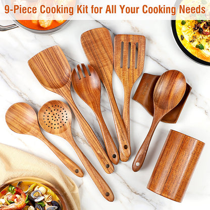 Natural Teak Wooden Utensils Set - 9 Pcs