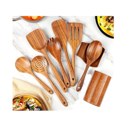 Natural Teak Wooden Utensils Set - 9 Pcs